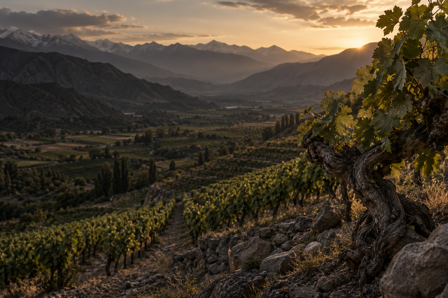 Viñas entre montañas al atardecer